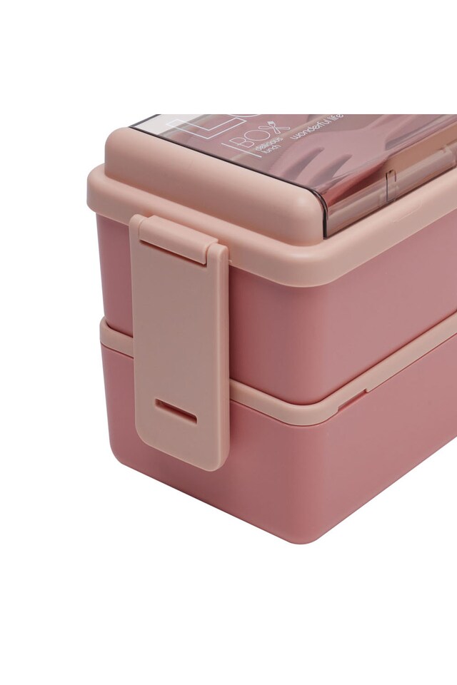 image 1 of Living and Home Dual-Layer Plastic Bento Lunch Box with Cutlery | Pink