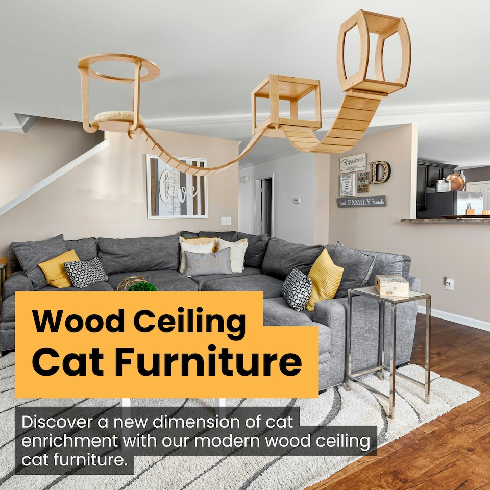image 1 of NOVECRAFTO Modular Ceiling Cat Furniture – Wooden Hanging Cat Tower with Shelves, Bridge & Sleeper – Space-Saving Climbing System for Indoor Cats Brown