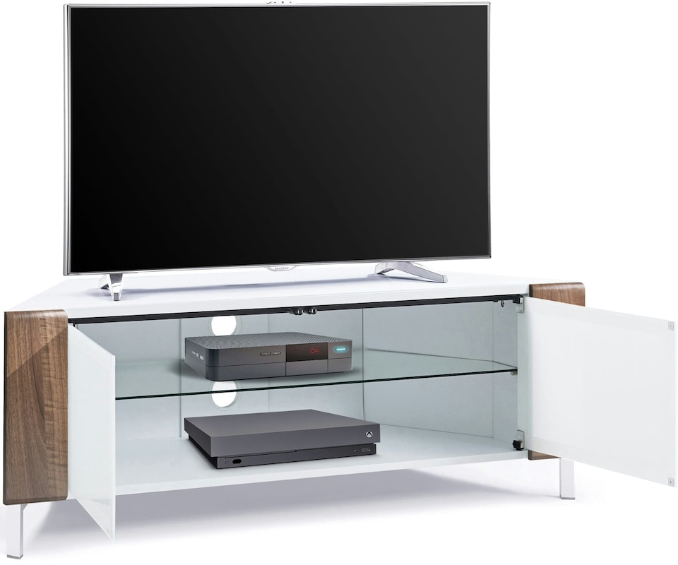image 1 of MDA Designs CORVUS Corner-Friendly Gloss White Contemporary Cabinet with Walnut Profiles White BeamThru Glass Doors Suitable for Flat Screen TVs up to 50" | Multi | 1