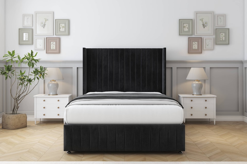 image 1 of Sloomy Marlborough Black Naples Divan Bed Base No Drawers With 54 Inch Wingback Headboard & 12 Inch Matching Footboard | Black | Black | Small Double | 1