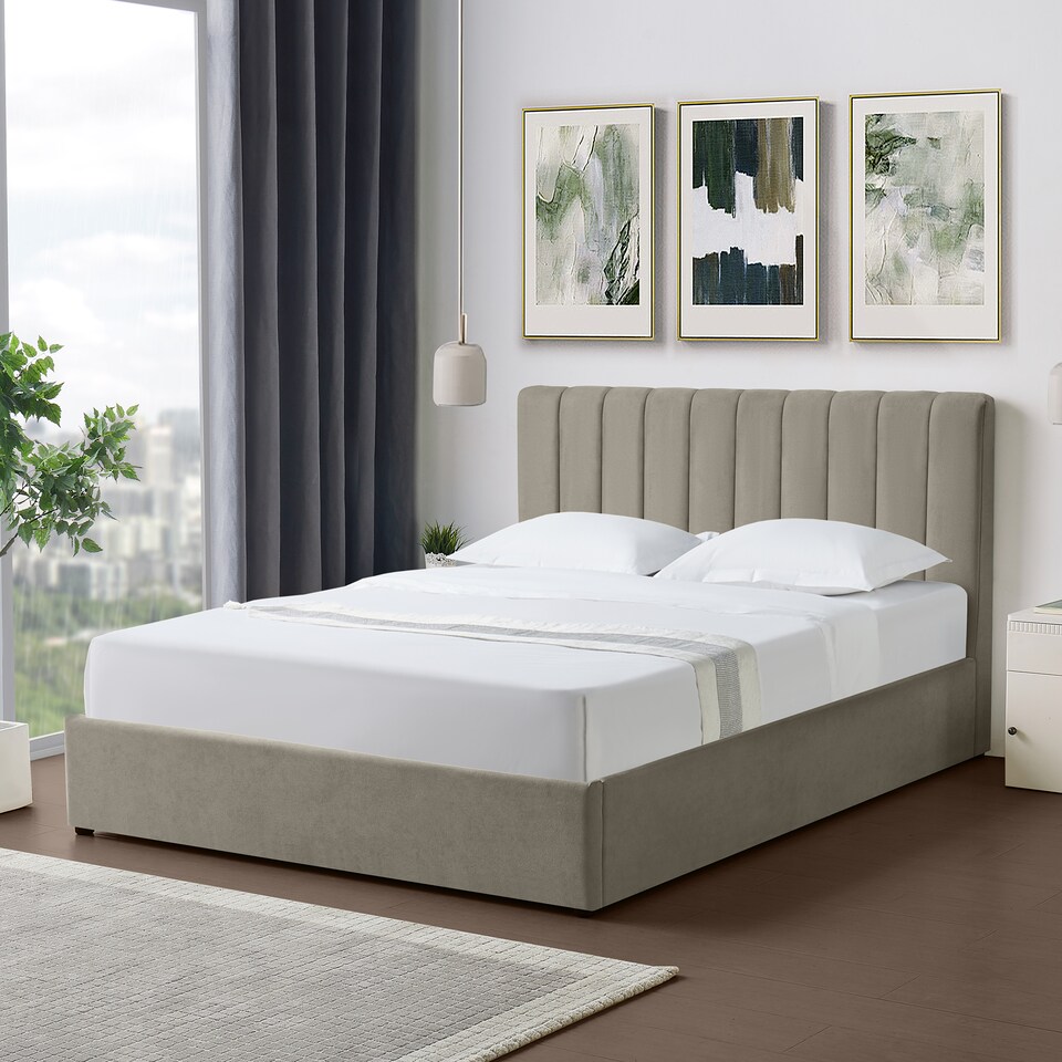 image 1 of Evelynne Fabric 150cm Kingsize Ottoman Bed Frame with Storage - Light Brown