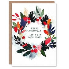 Let's Get Cozy And Boozy Colourful Wreath Blank For Him Or Her Art Christmas Card