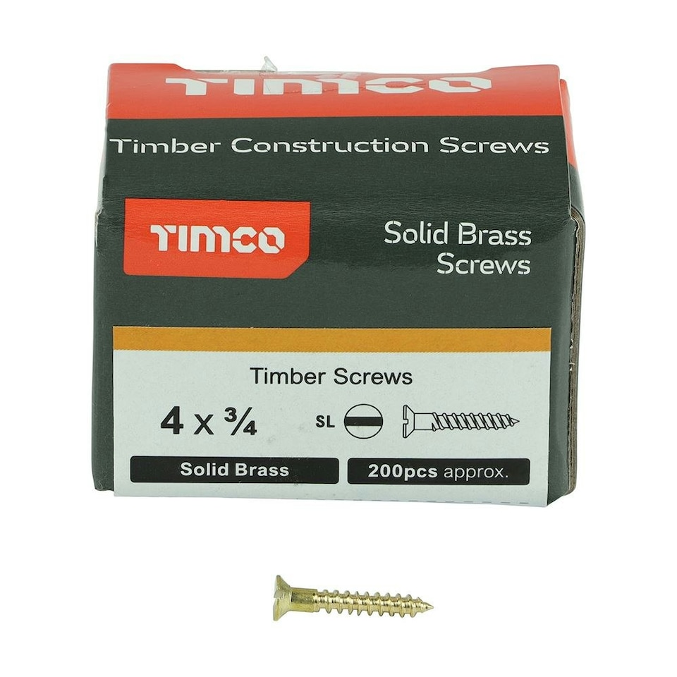 image 1 of Timco - Solid Brass Timber Screws - SLOT - Countersunk (Size 4 x 3/4 - 200 Pieces)