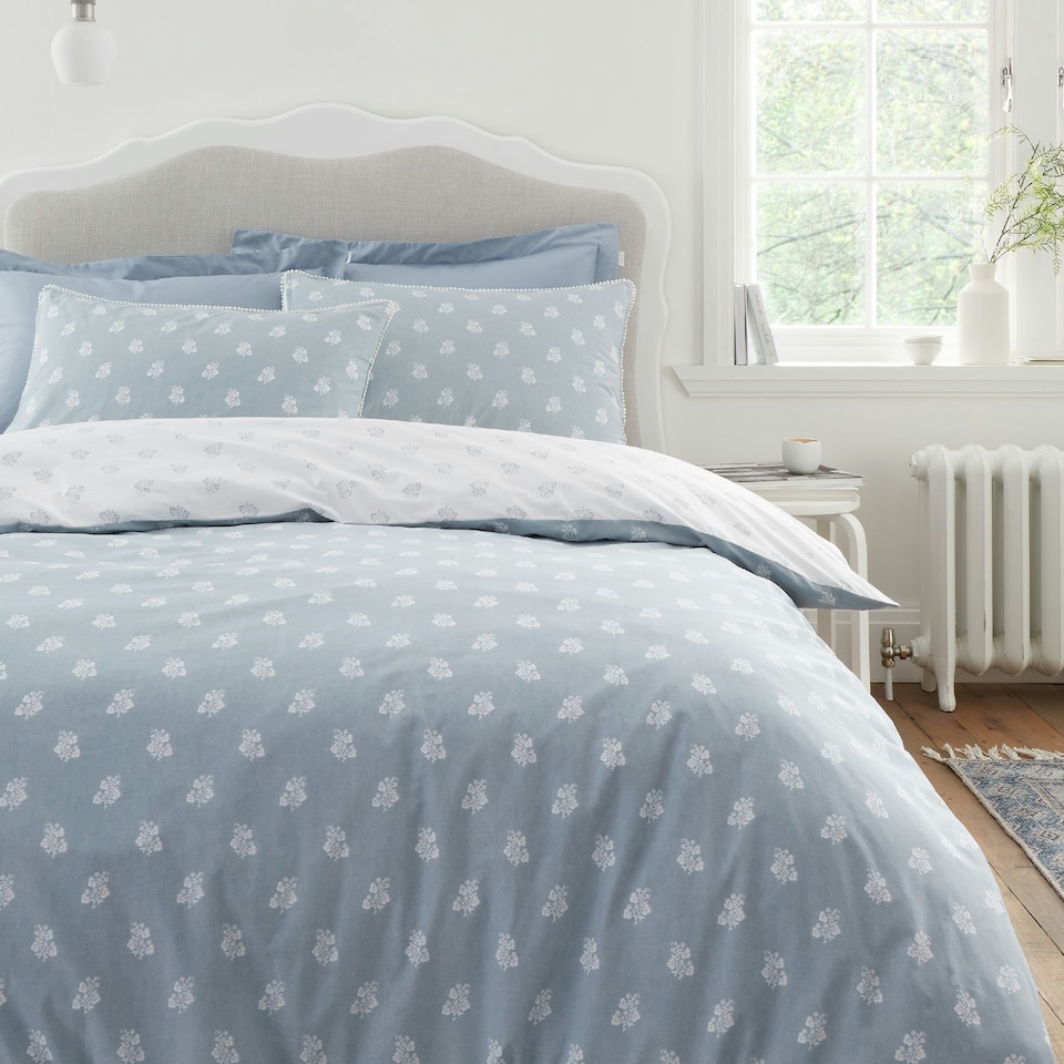 image 1 of Bianca Esme Floral 200 Thread Count Cotton Reversible Duvet Cover Set White / Blue | Blue | White / Blue | King