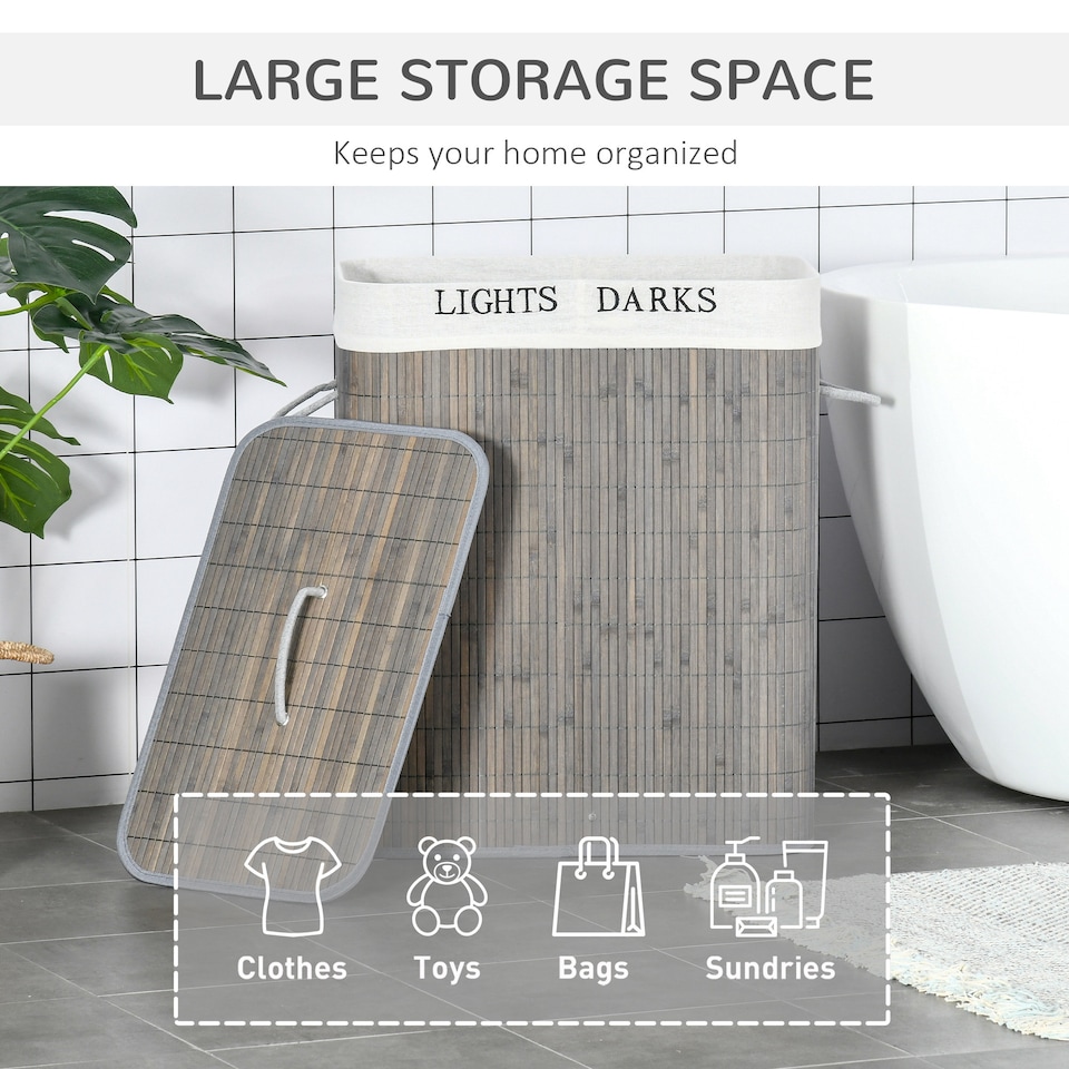 image 1 of HOMCOM 100L Laundry Basket with Lid String Handles, 2 Section Collapsible Hamper Removable Lining Foldable Water-Resistant Dirty Clothes Storage, Grey
