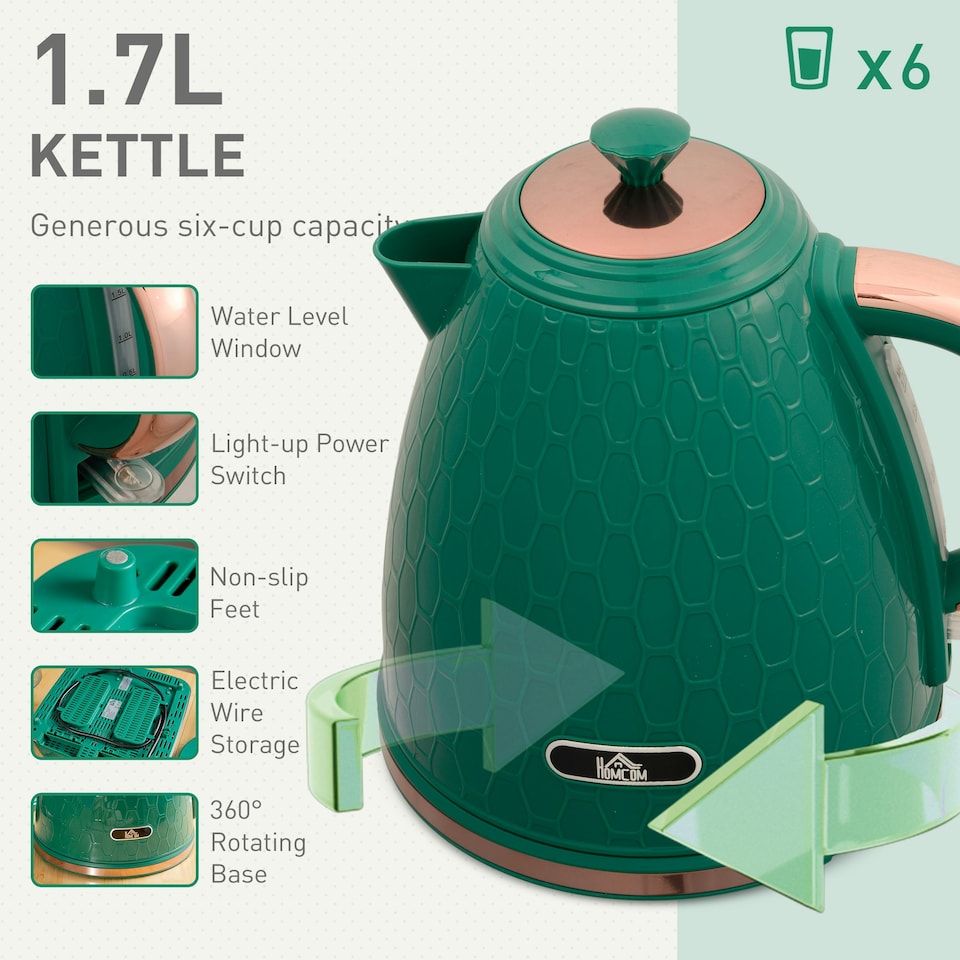 image 1 of HOMCOM 1.7L Kettle and Toaster Set with Defrost Reheat and Crumb Tray Green