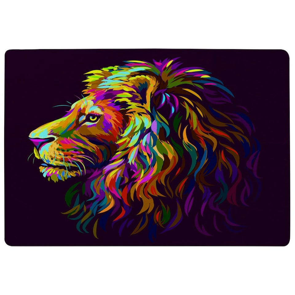 image 1 of Abstract, multicolored profile portrait of a lion's head on a purple background in popart style (Rug) Multi | M