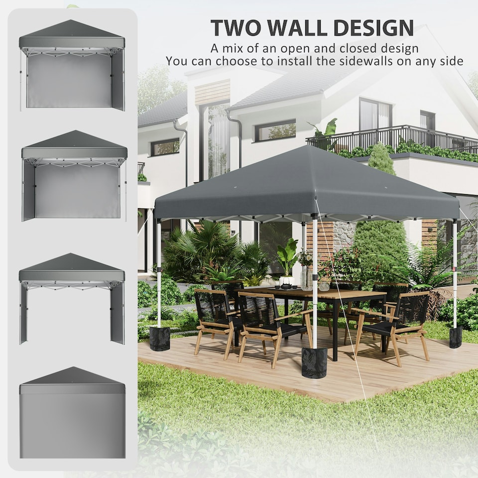 image 1 of Outsunny 3x3 (M) Pop Up Gazebo Party Tent w/ 2 Sidewalls, Weight Bags Dark Grey