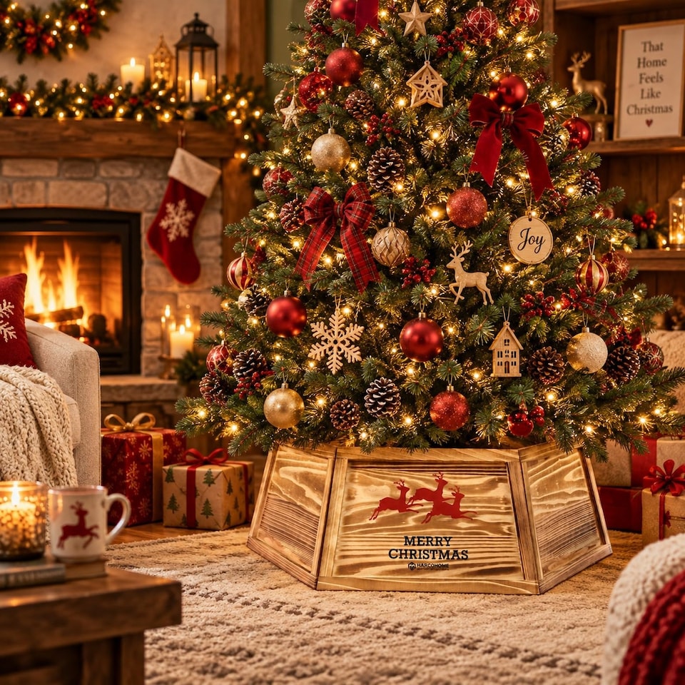 image 1 of 31.5 inch Hexagon Wooden Christmas Tree Collar with Burnt Finish for Festive Tree Stands