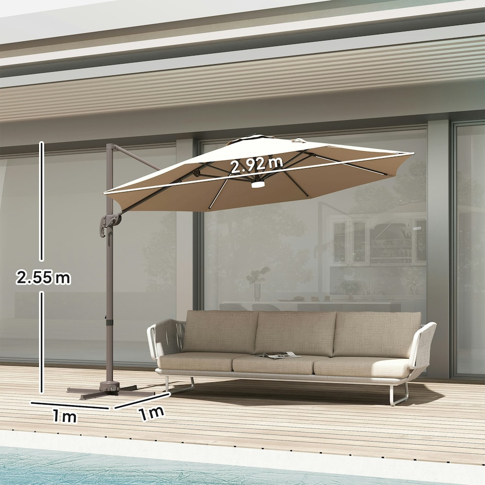 image 1 of Outsunny 3 m LED Cantilever Parasol Outdoor with Base Solar Lights Brown