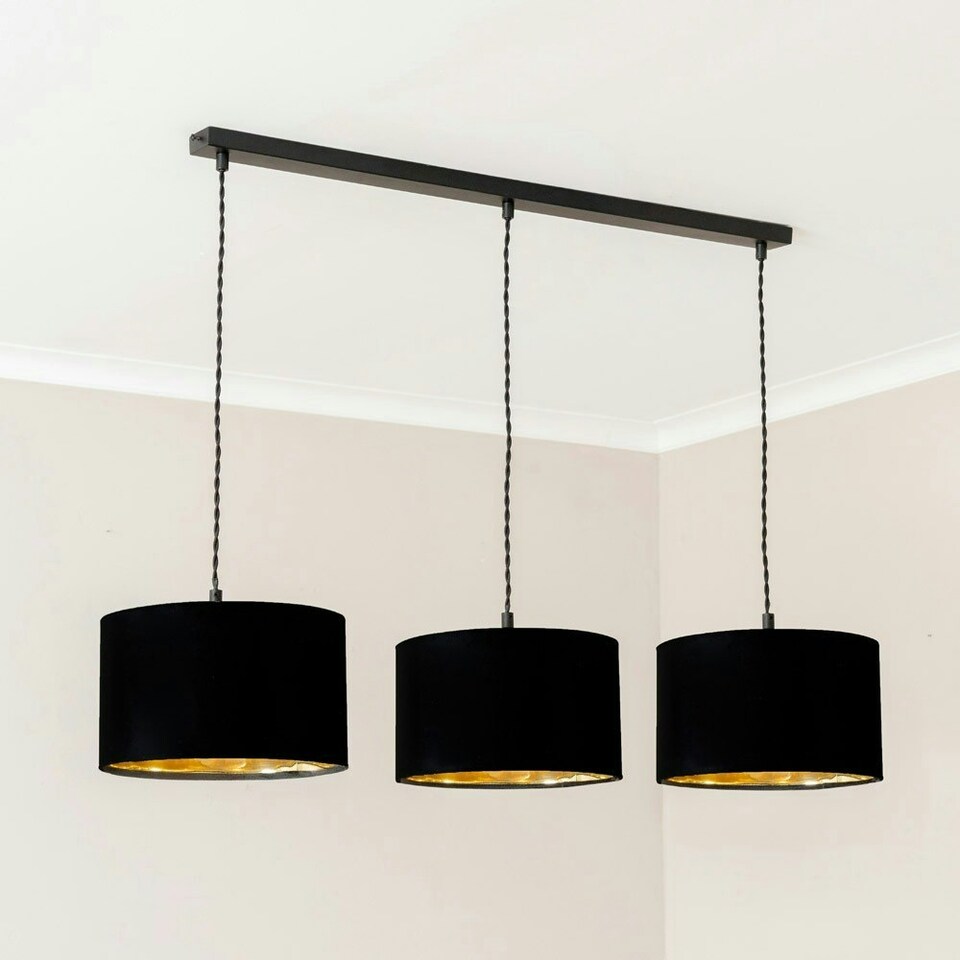 image 1 of ValueLights Reni Black & Gold Drum Shade 3 Drop Bar Matte Black Diner Ceiling Pendant Light Black