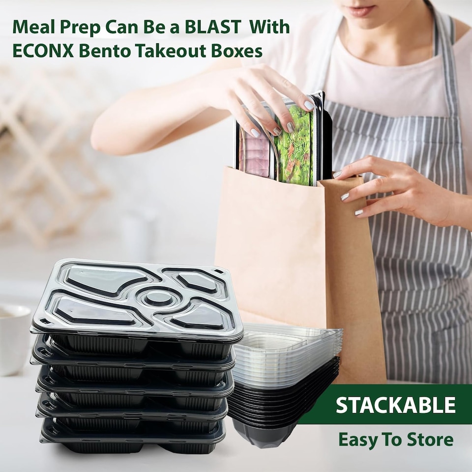 image 1 of 5 Compartment Black Meal Prep Containers With Lid Plastic Microwave Safe Food Storage Box 30pc