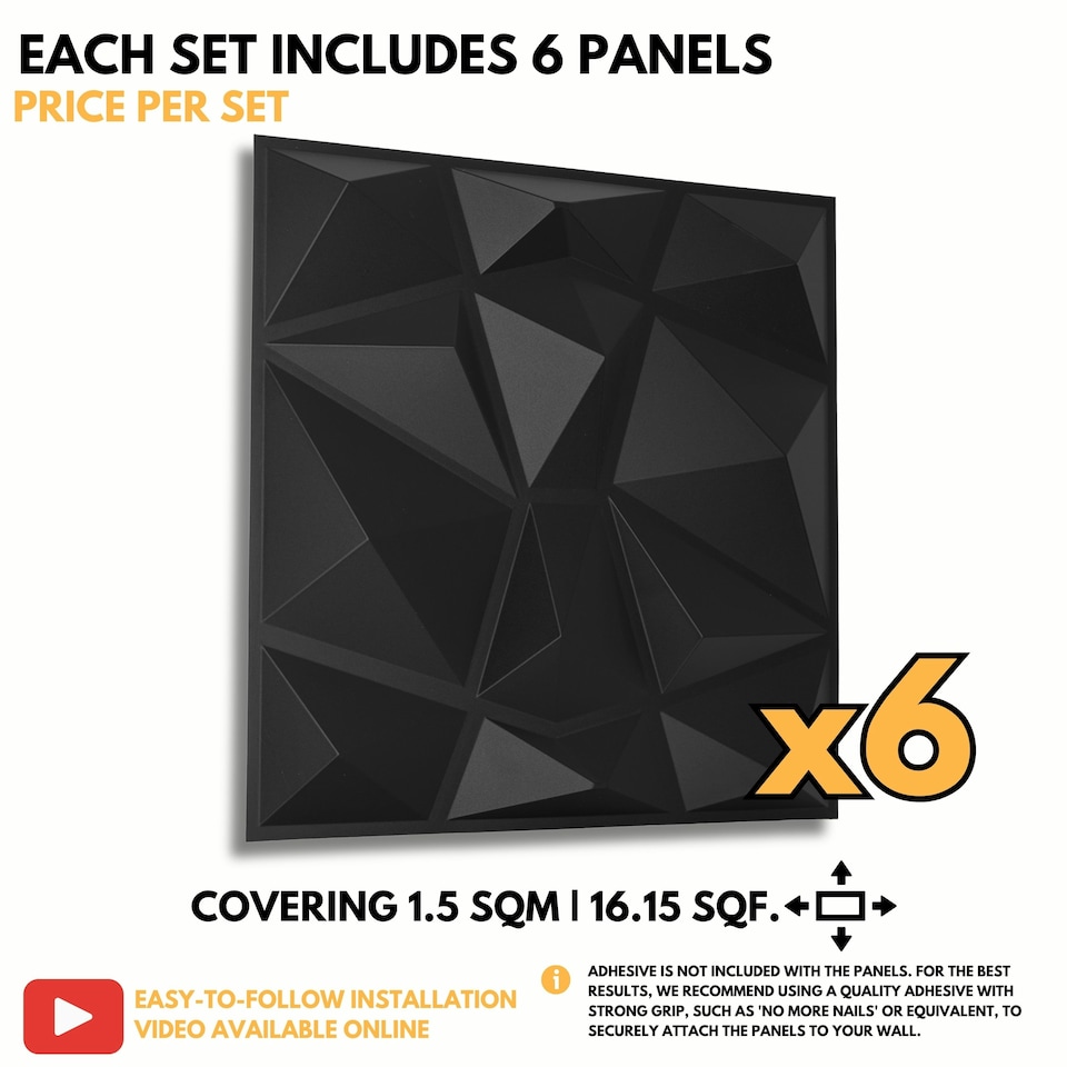 image 1 of NOVECRAFTO Geometric Diamond 3D Wall Panels – 6 Sheets Covering 1.5 sqm (16.15 sqft) – Matte PVC Cladding Panels 50x50cm Diamond Design Black