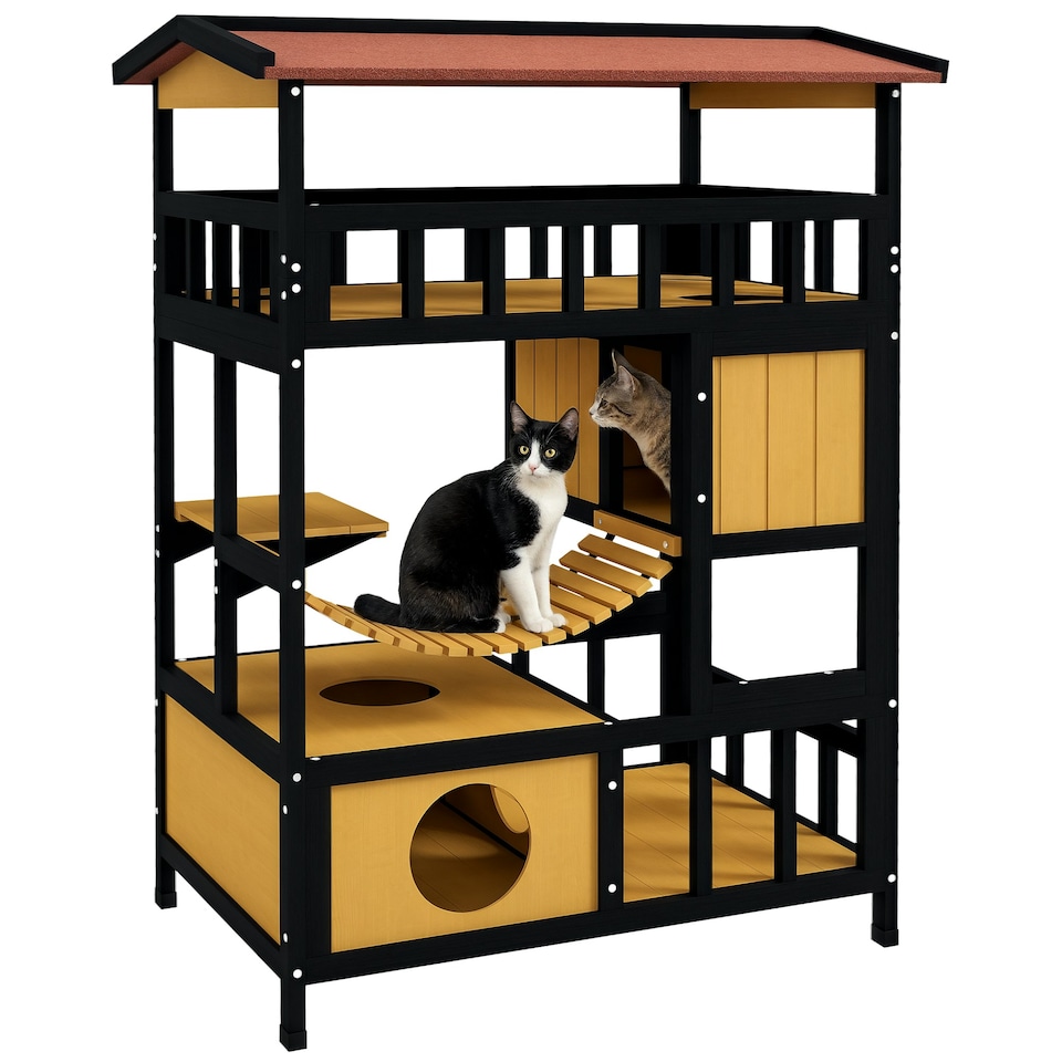 image 1 of PawHut Outdoor Cat House w/ Suspension Bridge, Houses, Balcony