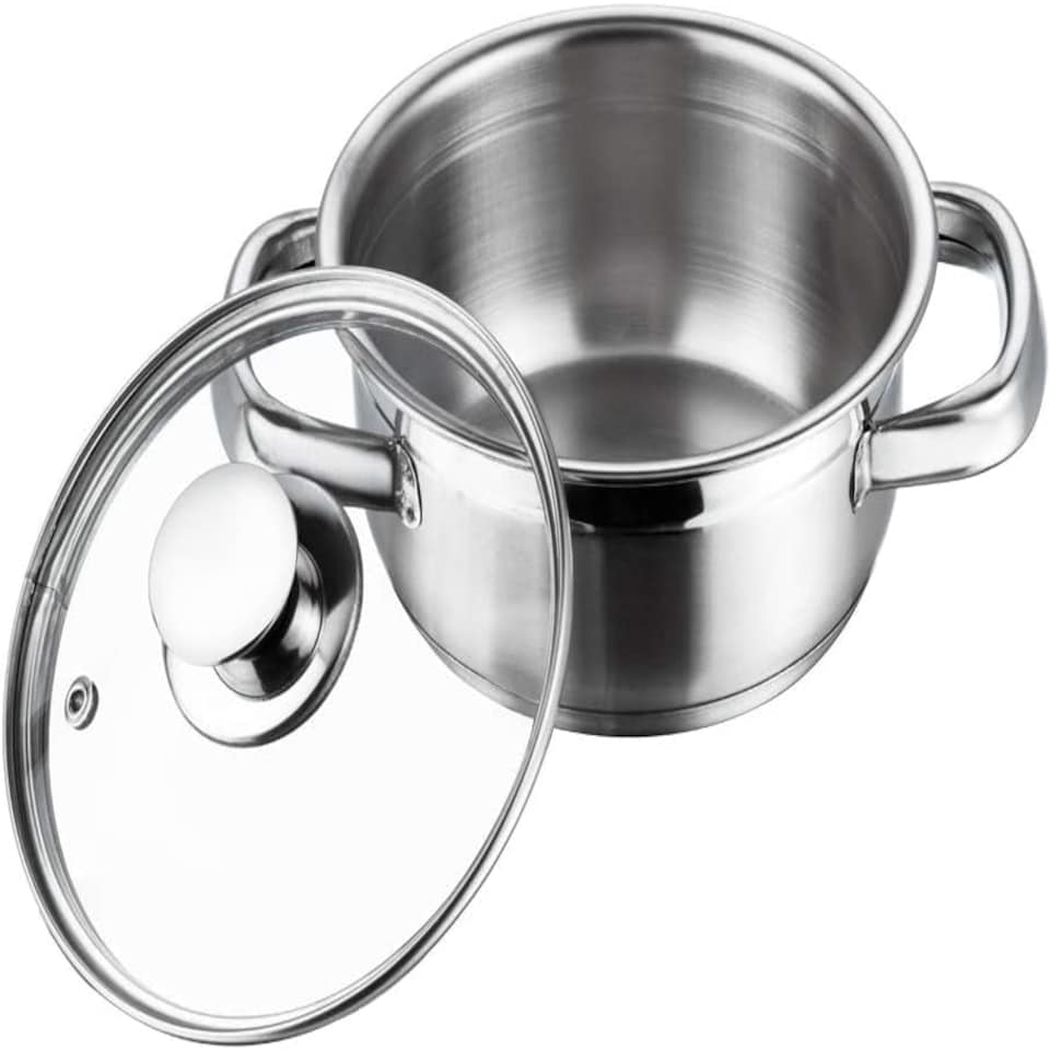 image 1 of Vinod Cookware Two Tone Stainless Steel Sauce Pot with Glass Lid - Steam Vent, Sturdy Handle Induction Bottom (14cm , 1 ltr) N/A