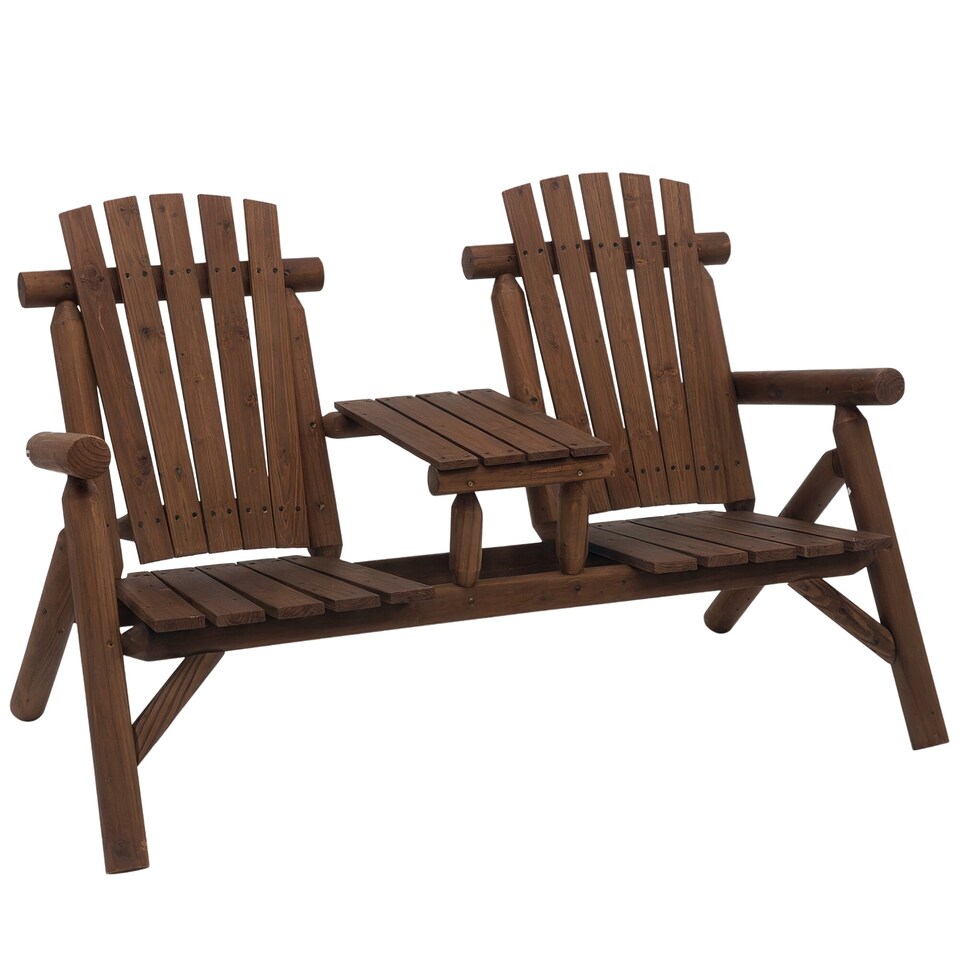 image 1 of Outsunny Wood Patio Chair Bench 2 Seats with Centre Coffee Table, Garden Bench for Lounging and Relaxing Outdoors, Carbonized