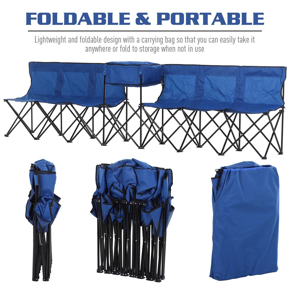 image 1 of Outsunny 6 Seat Folding Sports Bench Portable Sports Team Bench Spectator Chair with Cooler Bag and Carrying Bag for Outdoor Picnic Camping - Blue