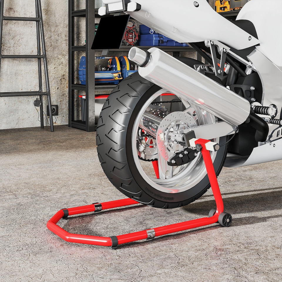 image 1 of HOMCOM Motorcycle Stand Lift, 390 kg Capacity Convertible Front/Rear Motorbike Motorcycle Paddock Lift Stand with Adjustable U+L Fork Pin Adaptors, Wheels, Clamping Clips, Red