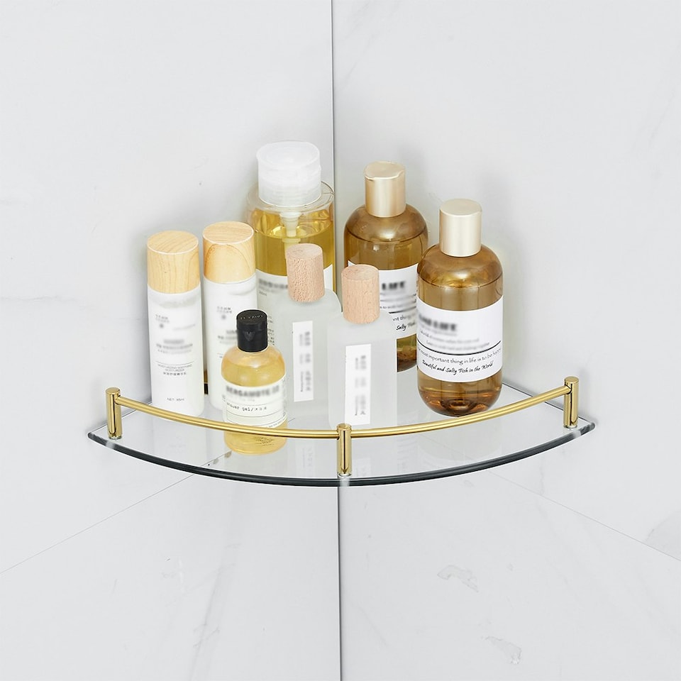image 1 of Living and Home Glass Corner Shelf for Bathroom 1-Tier Set of 2 - Gold