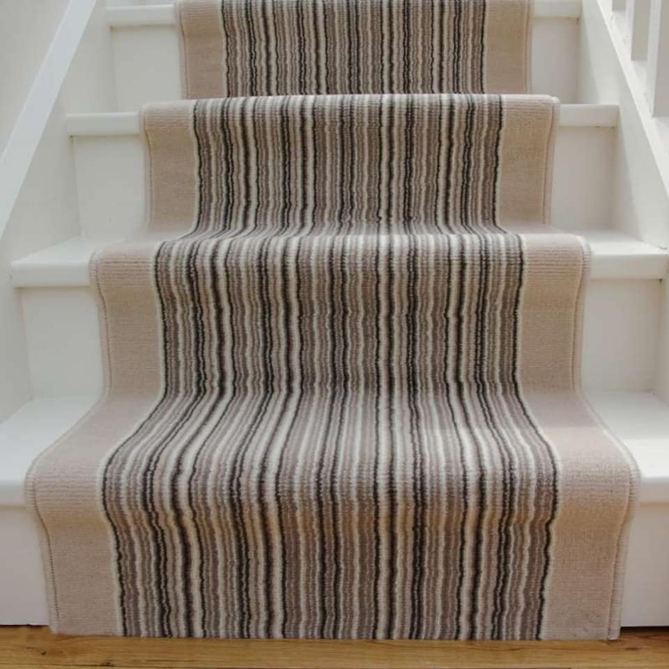 image 1 of KUKOON Beige Striped Cut to Measure Stair Carpet Runner Rug 70cm Wide 70cm x 1230cm