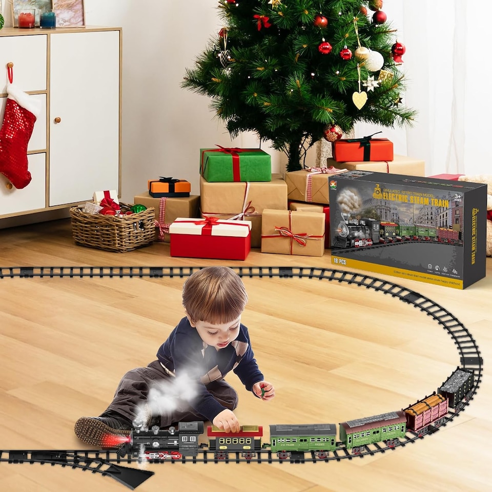 image 1 of Christmas Tree Toy Steam Train Set with Lights Sounds Christmas Train Set Electric Train Set