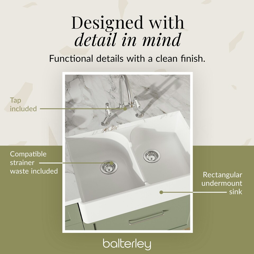 image 1 of Fireclay Kitchen Bundle - Double Bowl Stepped Weir Butler Sink, Wastes & Bridge Lever Tap, 795mm - Chrome - Balterley