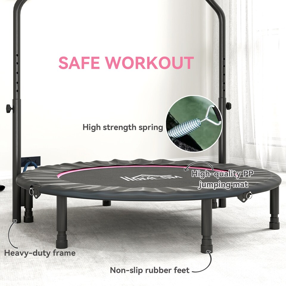 image 1 of HOMCOM 48" Foldable Mini Trampoline Fitness Trampoline Rebounder for Adults with Adjustable Foam Handle, for Indoors, Outdoors, Cardio Training, Pink | Pink