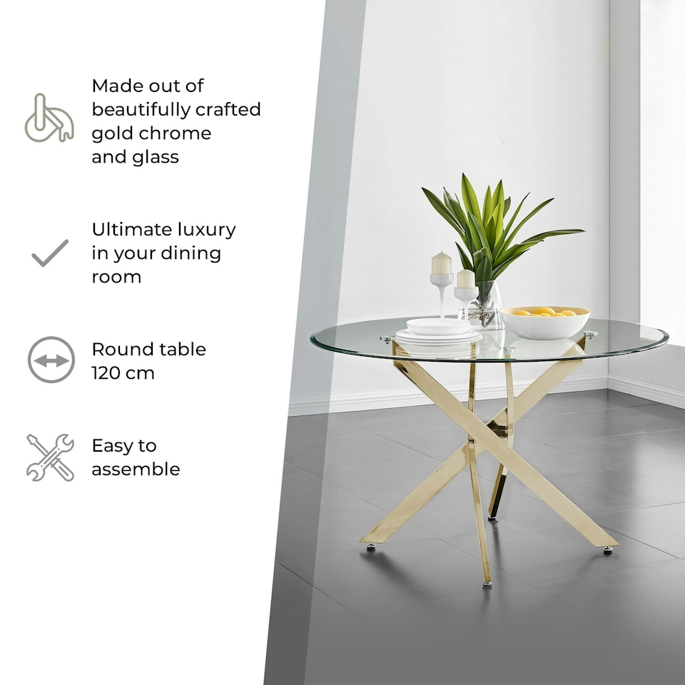 image 1 of Furniturebox Novara Gold Metal And Glass Large 120cm Round Dining Table