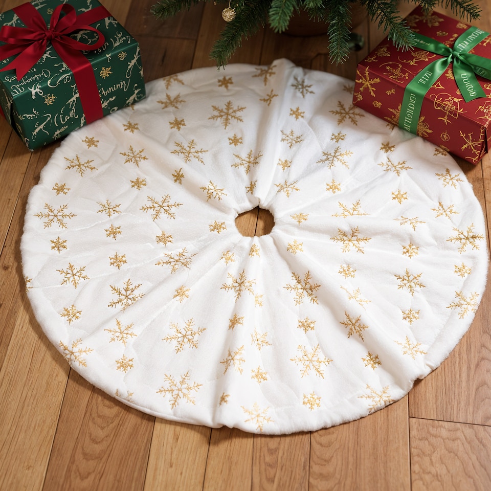 image 1 of 100cm White Christmas Tree Skirt with Snowflake Design, Gold Embroidered