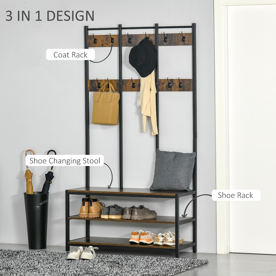 image 1 of HOMCOM Coat Rack Stand, Free Standing Hall Tree, Coat Stand with Hooks, Bench and Shoe Rack, 100cm x 38.5cm x 185.5cm, Industrial Style, Rustic Brown and Black