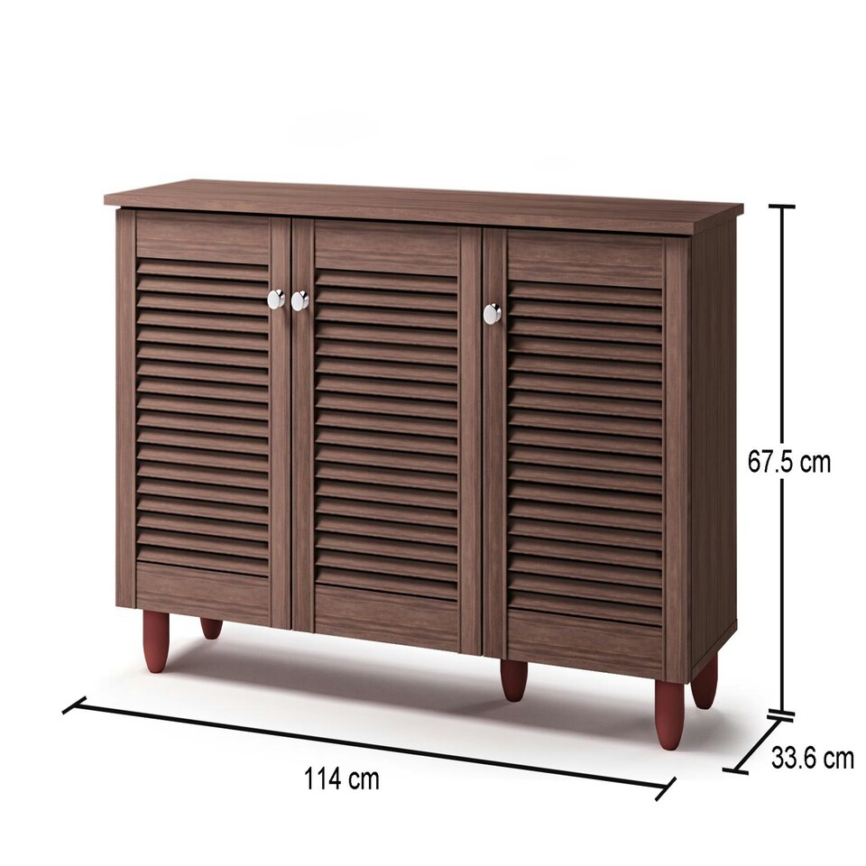 image 1 of Essentials Slatted 3 Door 3 Tier Shoe Cabinet Walnut Finish
