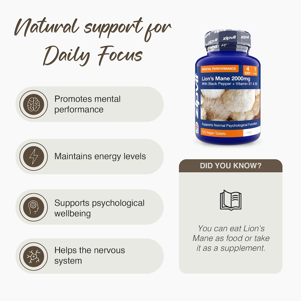 image 1 of Zipvit Lion’s Mane Complex 2000mg – Focus & Mental Performance, 120 Vegan Tablets, 4-Month Supply