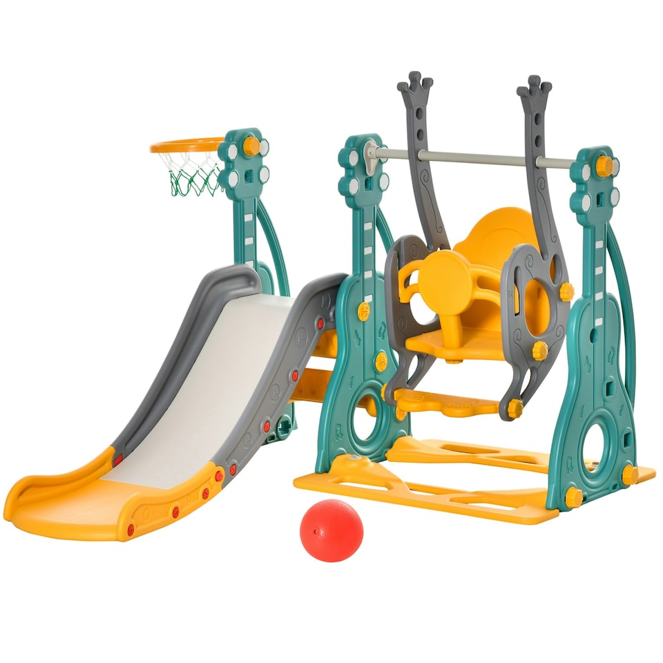 image 1 of HOMCOM 3-IN-1 Kids Swing and Slide Set with Basketball Hoop Slide Swing
