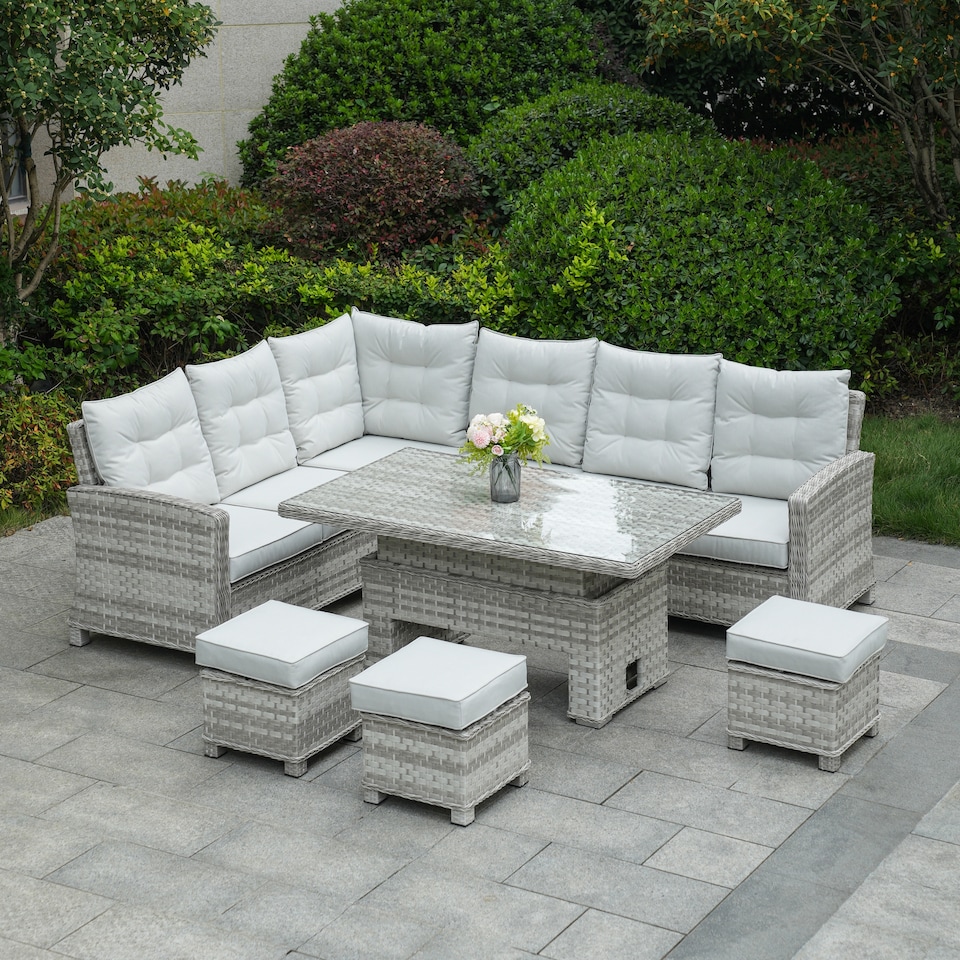 image 1 of Direct Wicker 8-Seater Premium Outdoor Garden Sofa Set with Rising Table | White | Five Plus Seater