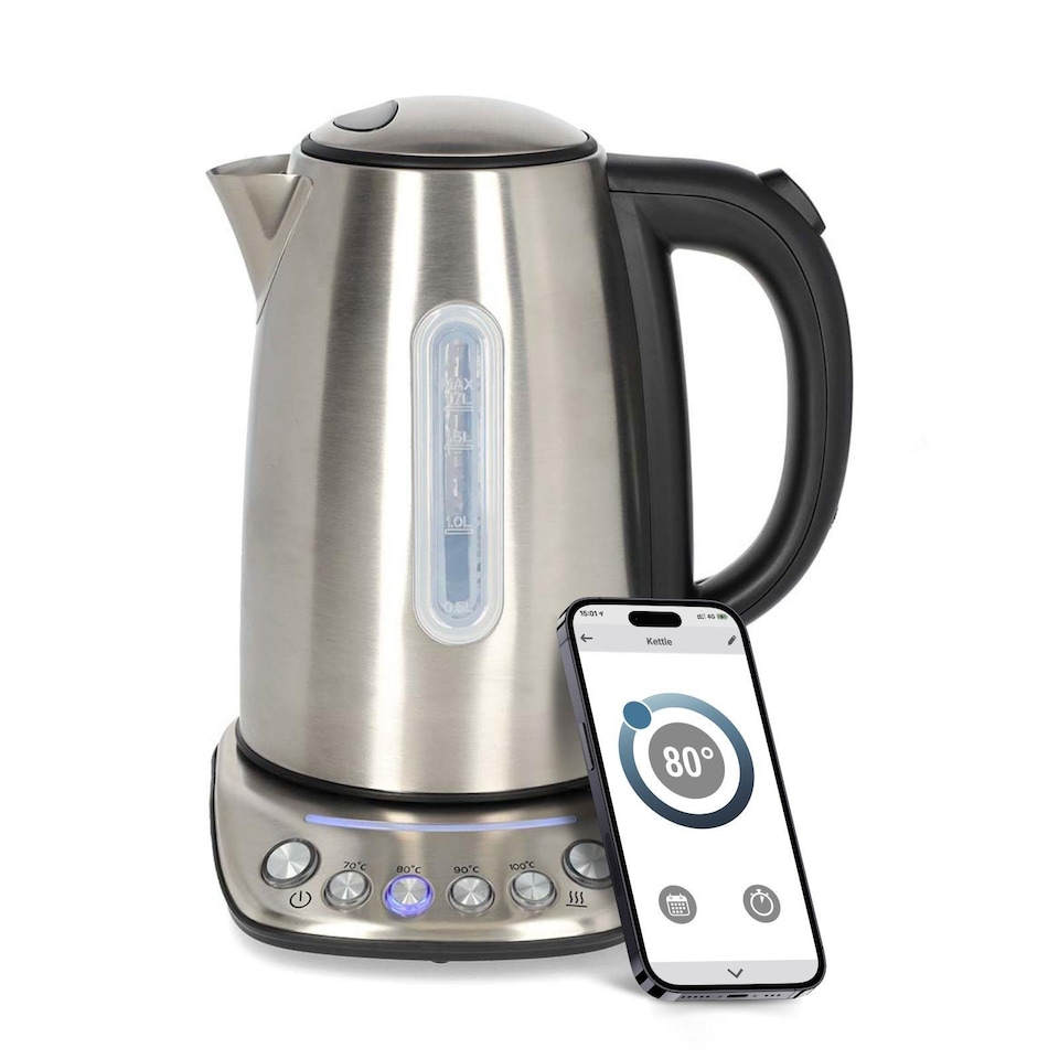 image 1 of Nedis Smart Wi-Fi Kettle, 1.7L Stainless Steel, Variable Temperature 70-100c, 2200W, App& Voice Control, Compatible with Alexa & Google