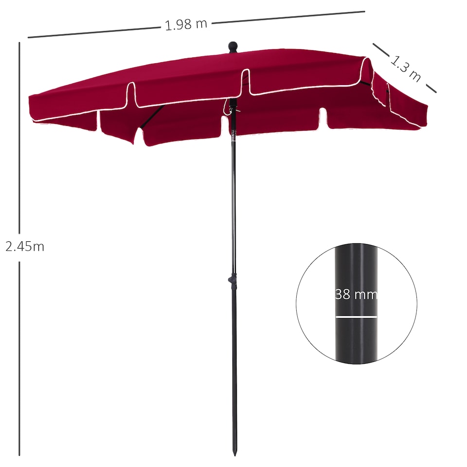 image 1 of Outsunny 2 x 1.3m Garden Parasol Umbrella, Outdoor Market Table Umbrella with Ruffles  Aluminium Pole, Rectangular Tilting Parasol Sun Shade Canopy, Red