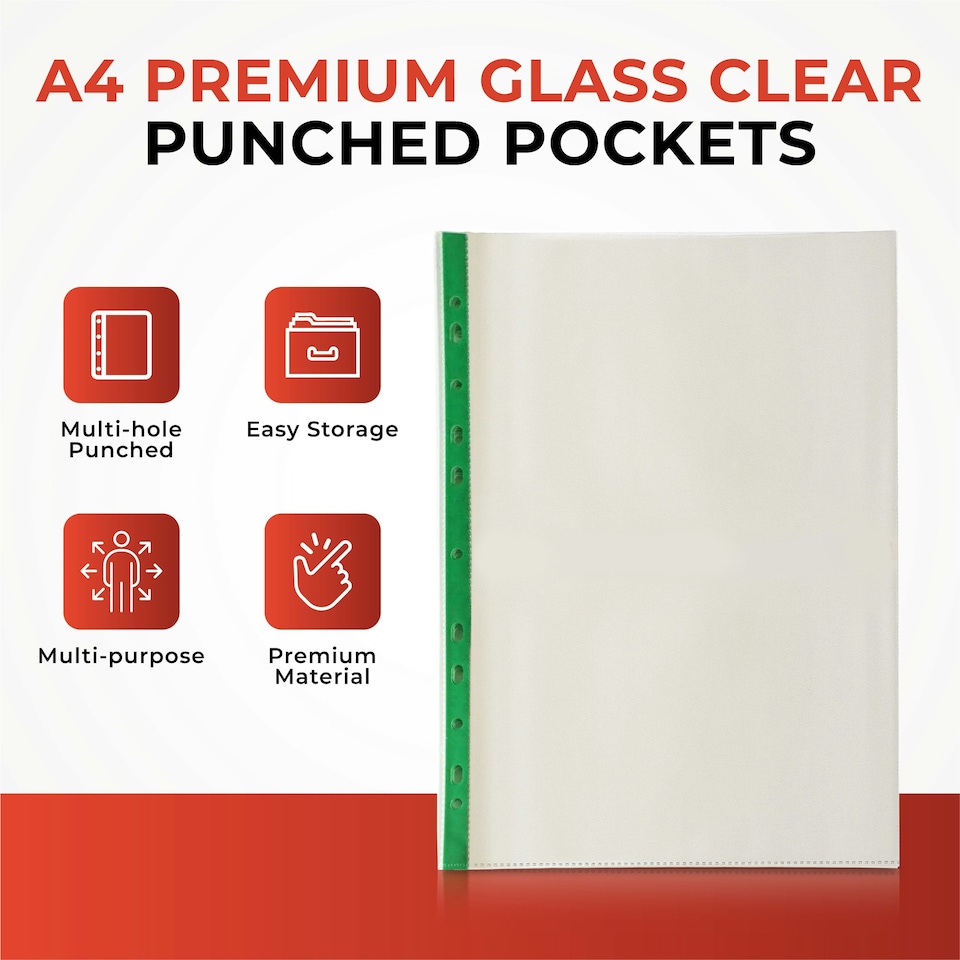 image 1 of Pack of 500 A4 Premium Glass Clear Punched Pockets (90 Micron)