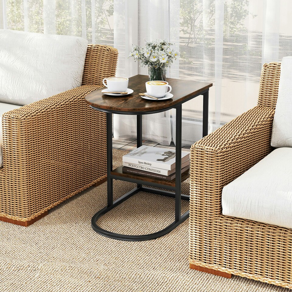 image 1 of COSTWAY C-shaped End Table Modern Sofa Side Table Brown