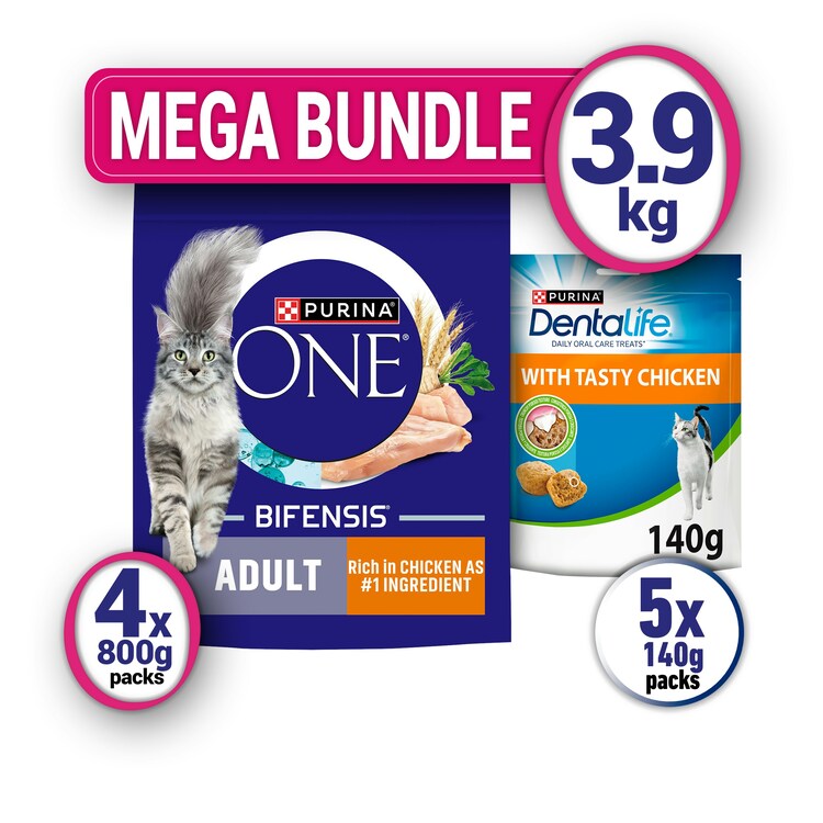 Purina One Dry Cat Food 6.4Kg & Dentalife Dental Cat Treats 1.4Kg Bundle
