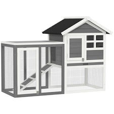 PawHut Rabbit Hutch, Bunny Cage Outdoor Wooden House w/Tray & Ramp, Grey