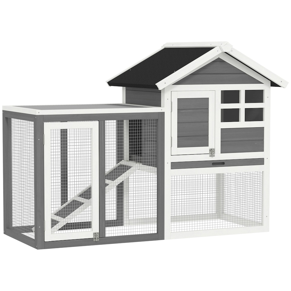 image 1 of PawHut Rabbit Hutch, Bunny Cage Outdoor Wooden House w/Tray & Ramp, Grey