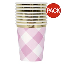 Unique Party Paper Gingham 1st Birthday Disposable Cup (Pack of 8) - Pink/White/Gold - One Size
