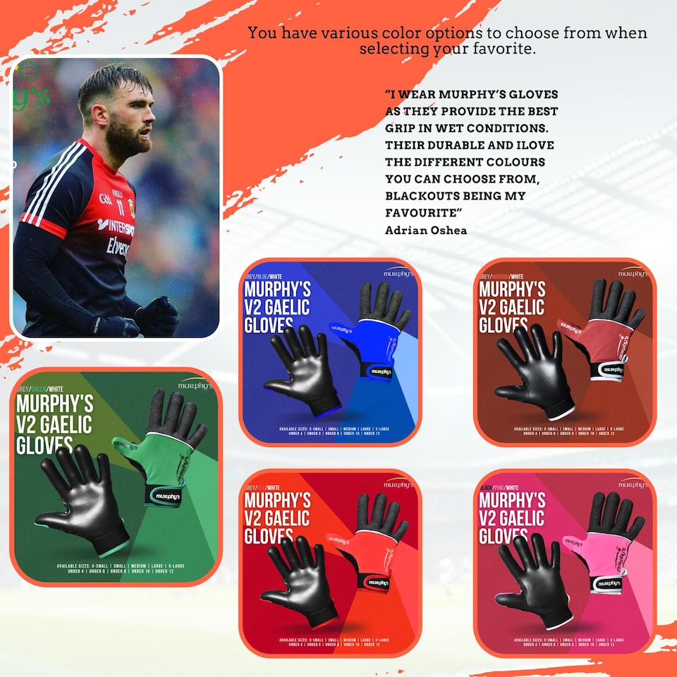 image 1 of Murphys V2 Gaelic Football Adult's Gloves, Premium Latex Field Players Mittens, Durable Hook And Loop Closure, Grey And Green, 7, Extra Small