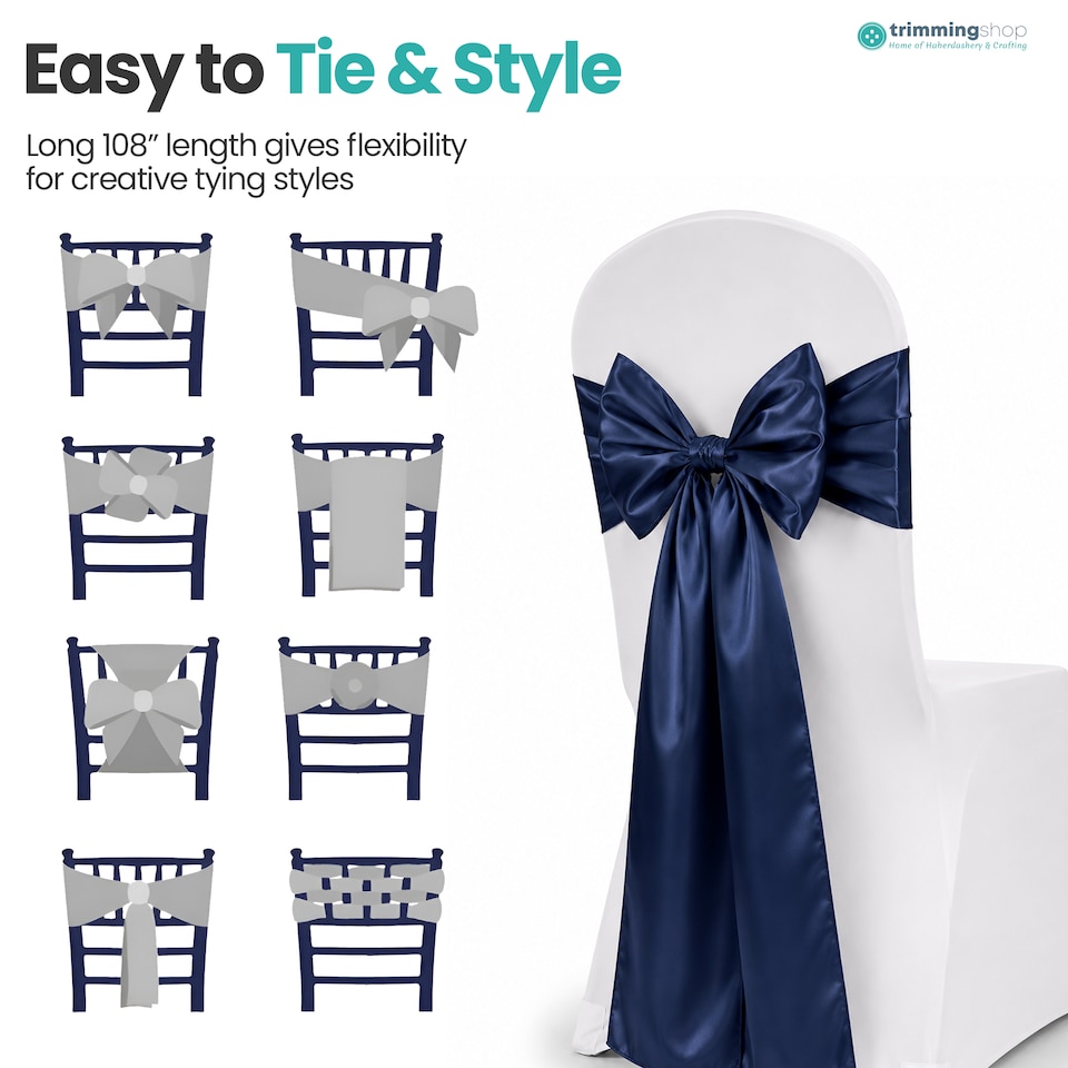 image 1 of 7"x108" Satin Chair Sash, Chair Sashes Hammed Edges Bow Tie - 25pcs