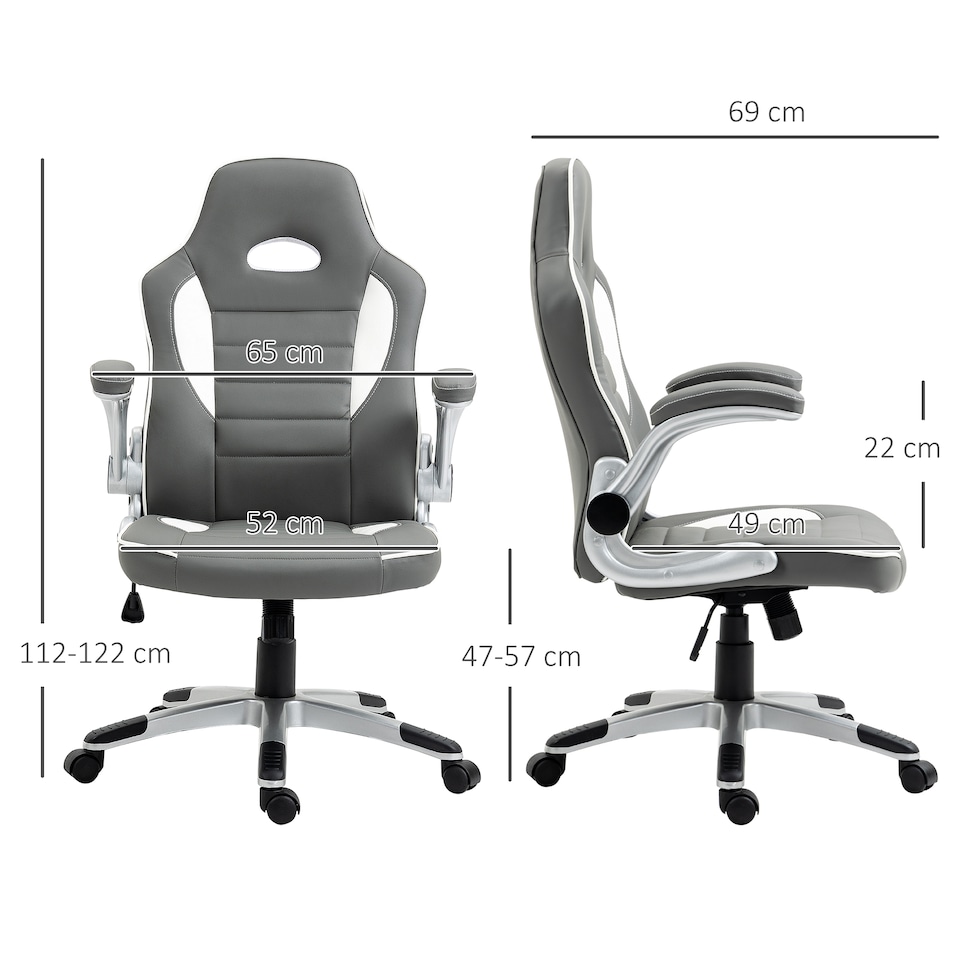 image 1 of Vinsetto Computer Gaming Chair, Office Desk Swivel Chair, PU Leather Racing Chair with 90 Flip-up Armrest, Adjustable Height and Rolling Wheels, Grey