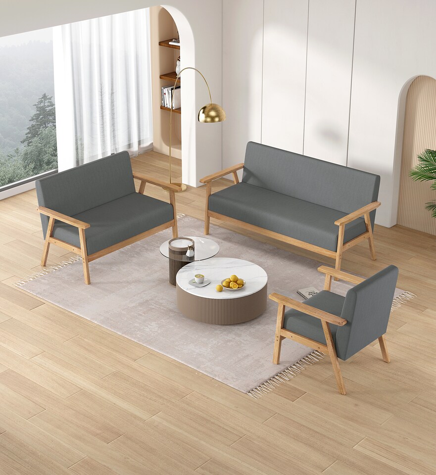 image 1 of 2 seater Linen Fabric Wooden sofa With Comfortable Padded Settee Country