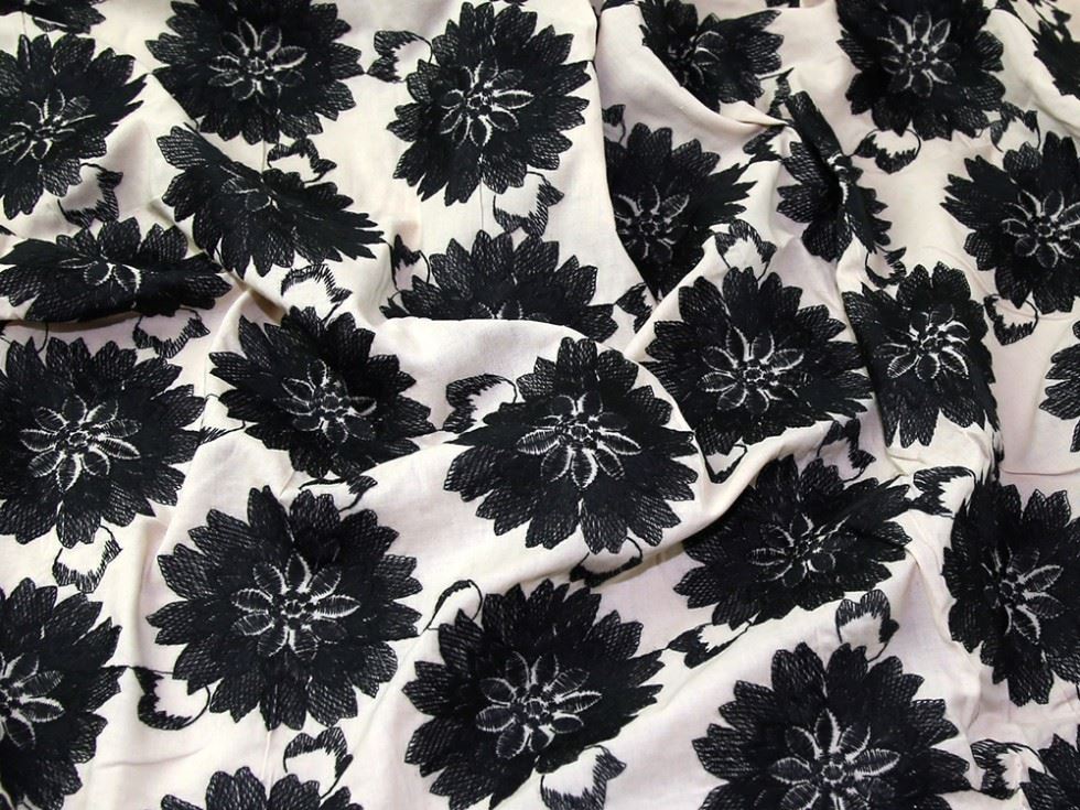 Minerva Black on Beige Deadstock Embroidered Cotton Lawn Dressmaking Fabric, 150cm / 59" Wide - per metre
