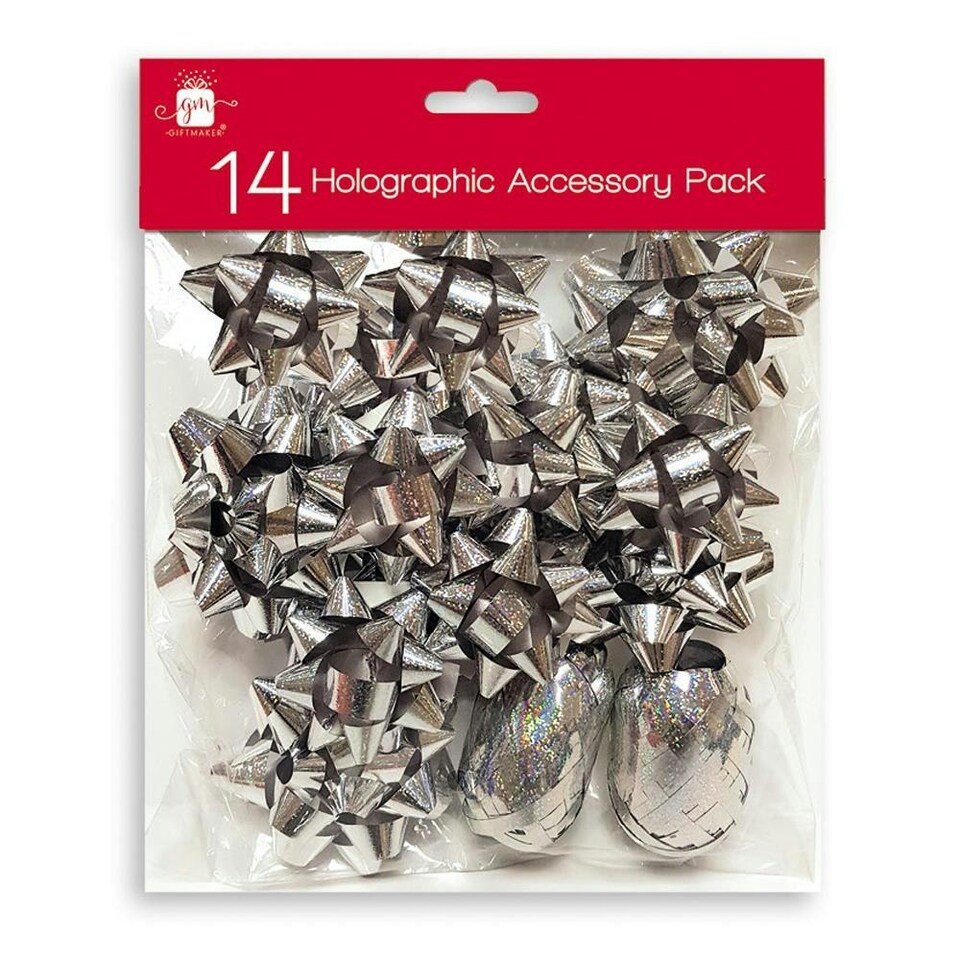 image 1 of Pack of 14 Pieces Christmas Silver Holographic Gift Bows and Cops