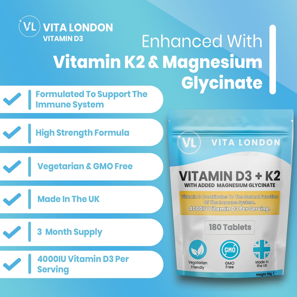 image 1 of Vitamin D3 4000IU With K2 + Magnesium Glycinate Supplement - 180 Tablets