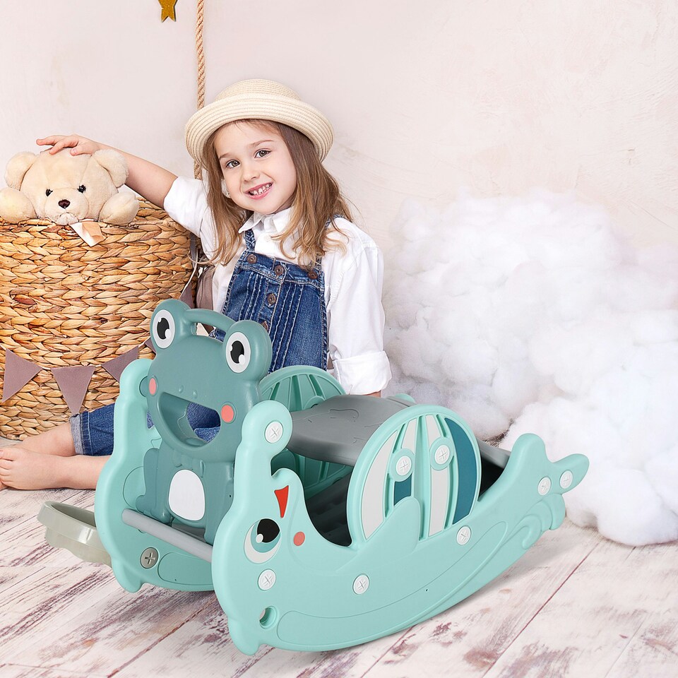 image 1 of HOMCOM 3-in-1 Baby Rocking Horse Portable Slide Basketball Hoop, Age 1.5-3